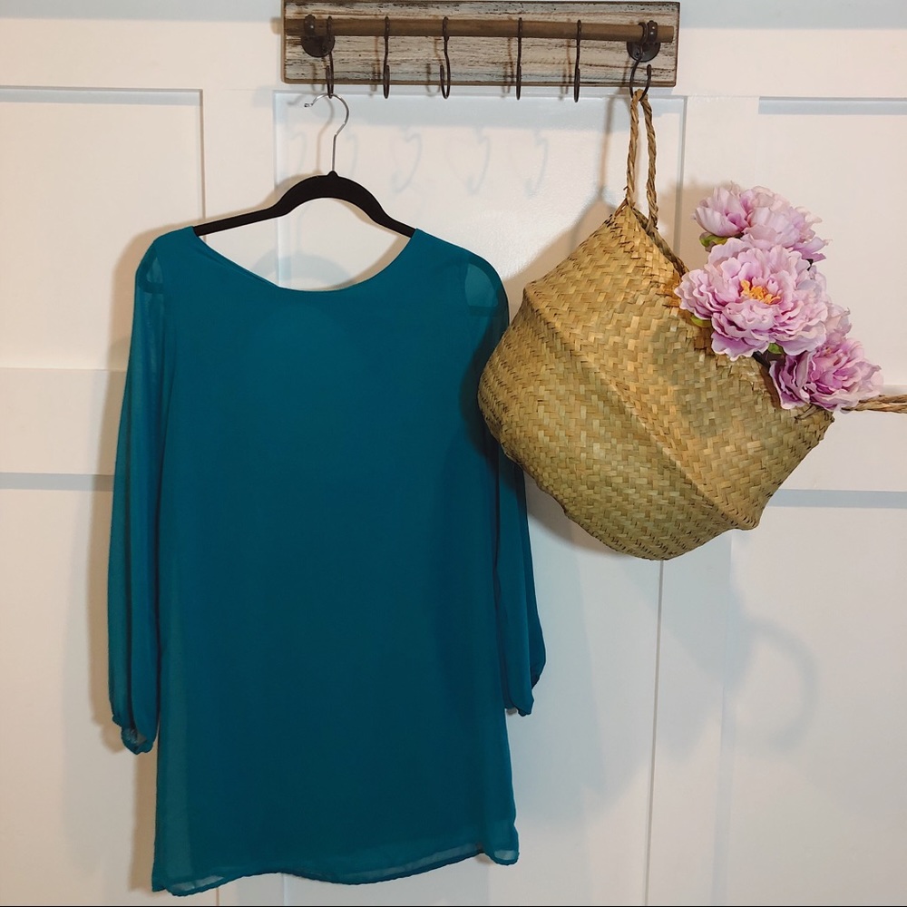 Turquoise Sheer Chiffon Shift Dress